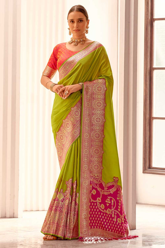 Weaving Work On Green Color Trendy Silk Saree