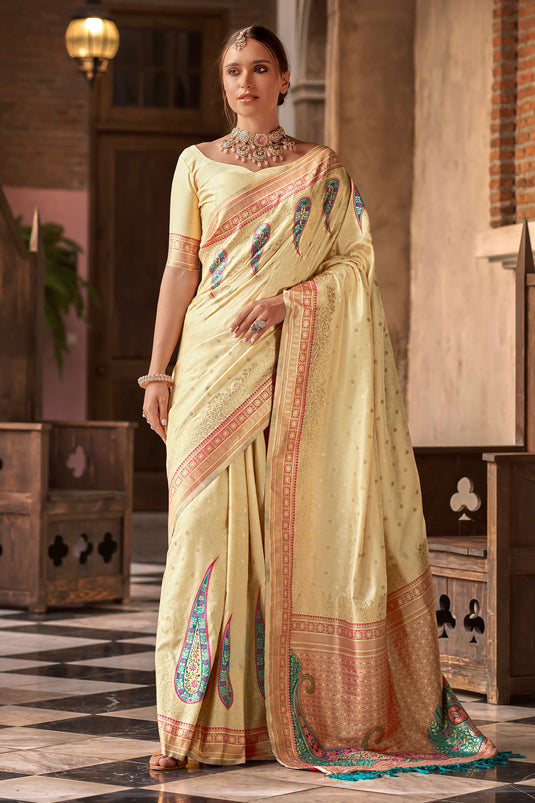 Weaving Work Beige Art Silk Function Wear Saree