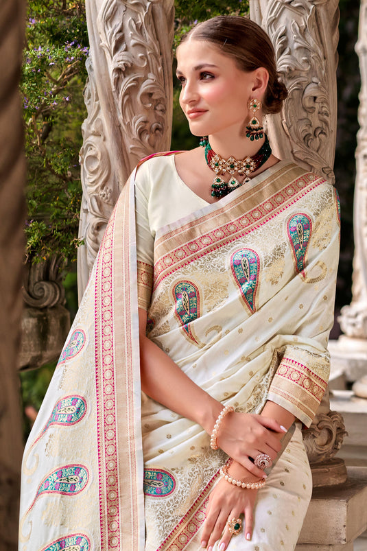 Weaving Work On Off White Art Silk Festive Wear Saree