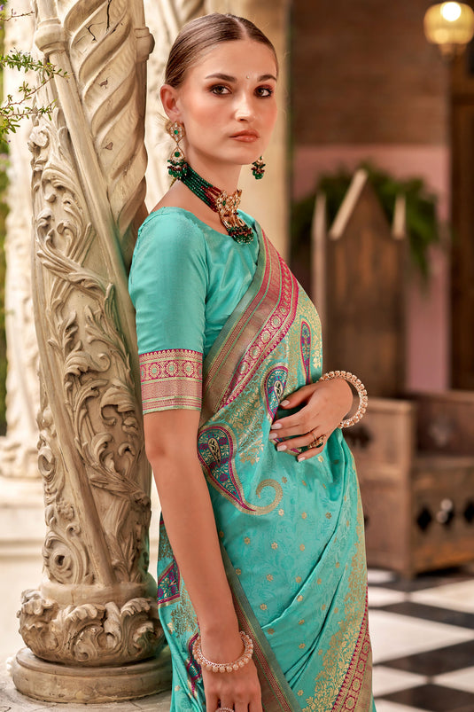 Weaving Work Art Silk Cyan Occasion Wear Saree