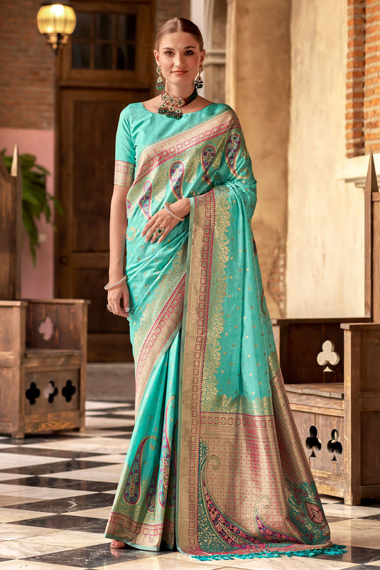 Weaving Work Art Silk Cyan Occasion Wear Saree