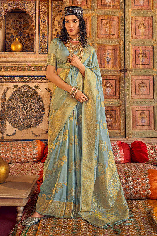 Grey Weaving Work Chinon Georgette Saree With Blouse