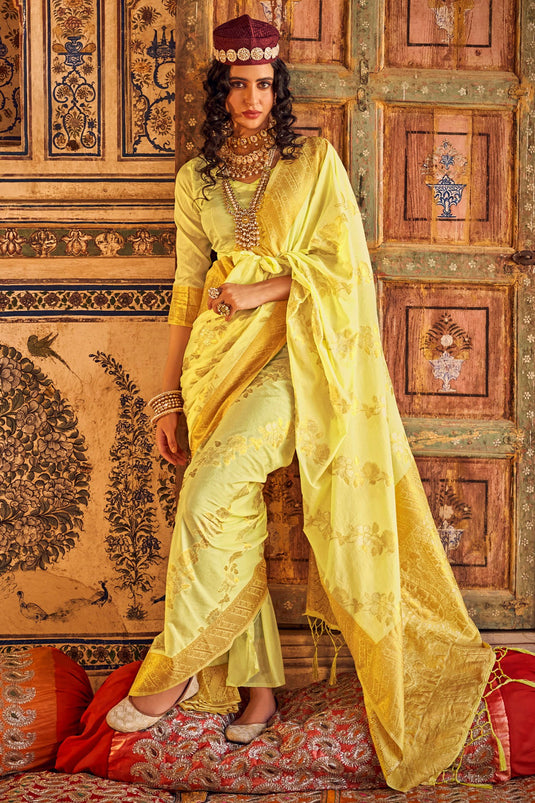 Weaving Work Yellow Chinon Georgette Festive Wear Saree With Blouse