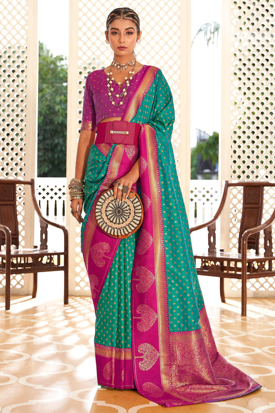 Stunning Sea Green Banarasi Art Silk Festive Saree With Contrast Blouse