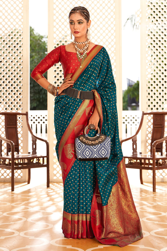 Charming Teal Banarasi Art Silk Festive Saree With Contrasting Blouse