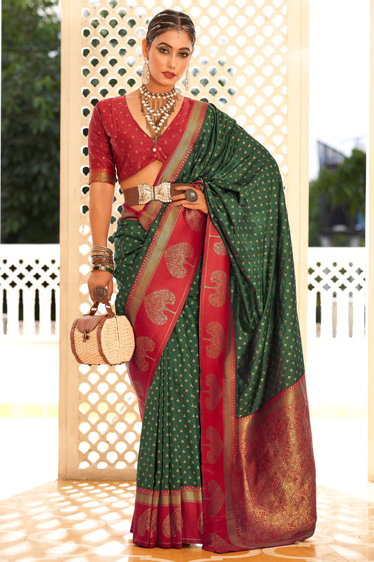 Regal Dark Green Banarasi Art Silk Saree With Contrasting Blouse