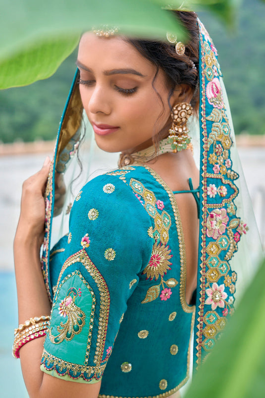 Silk Bridal Lehenga Choli In Sea Green Color