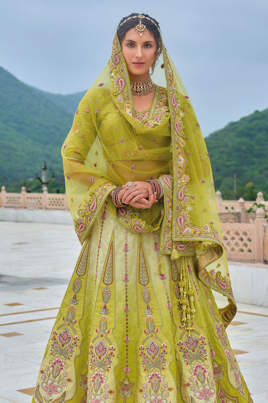 Silk Symphony Bridal Lehenga Choli In Green Color