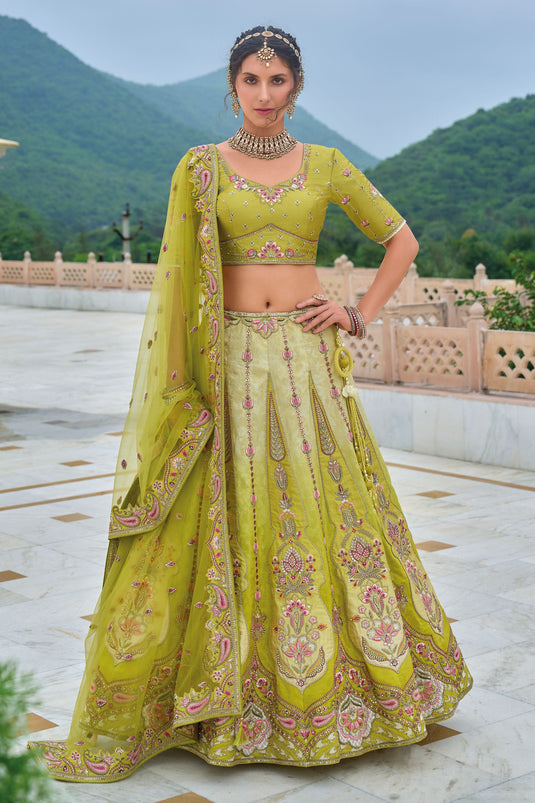 Silk Symphony Bridal Lehenga Choli In Green Color