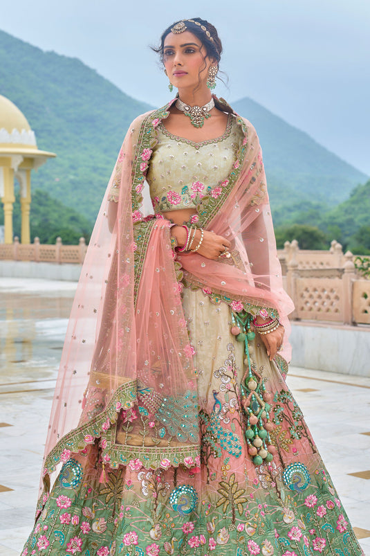 Multi Color Opulent Threads Silk Wedding Lehenga Choli