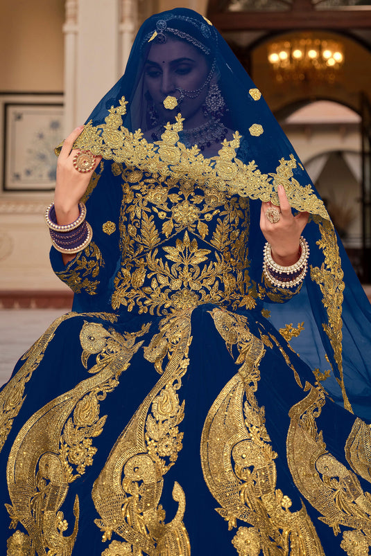 Emerald Blue Heavy Velvet Bridal Lehenga