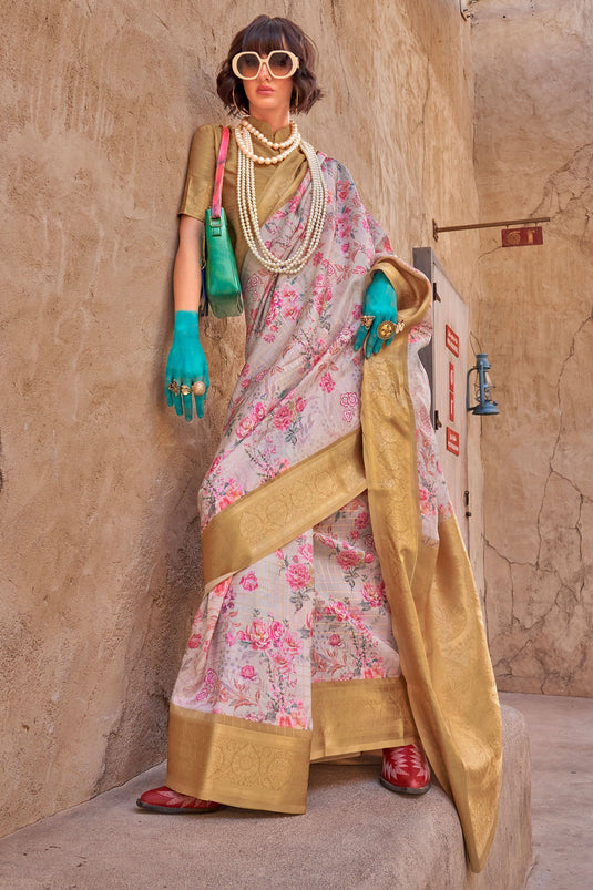 Floral Print Beige Color Pure Handloom Georgette Saree