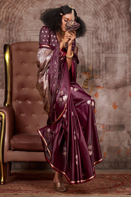 Radiance Wine Function Wear Pure Satin Silk Saree