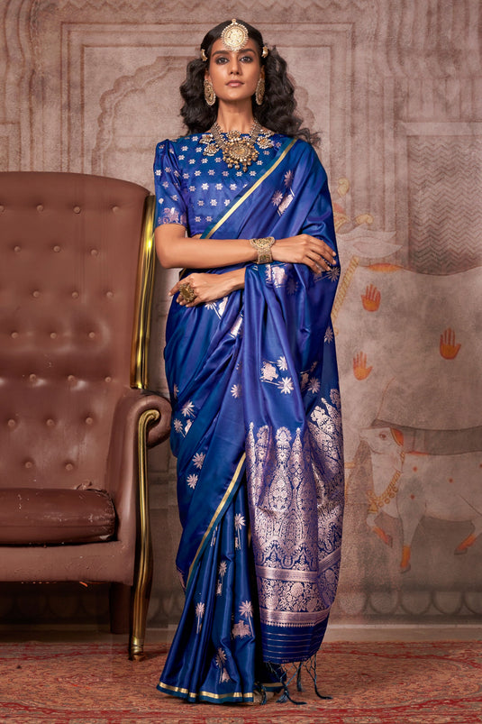 Reflections Blue Function Wear Pure Satin Silk Saree