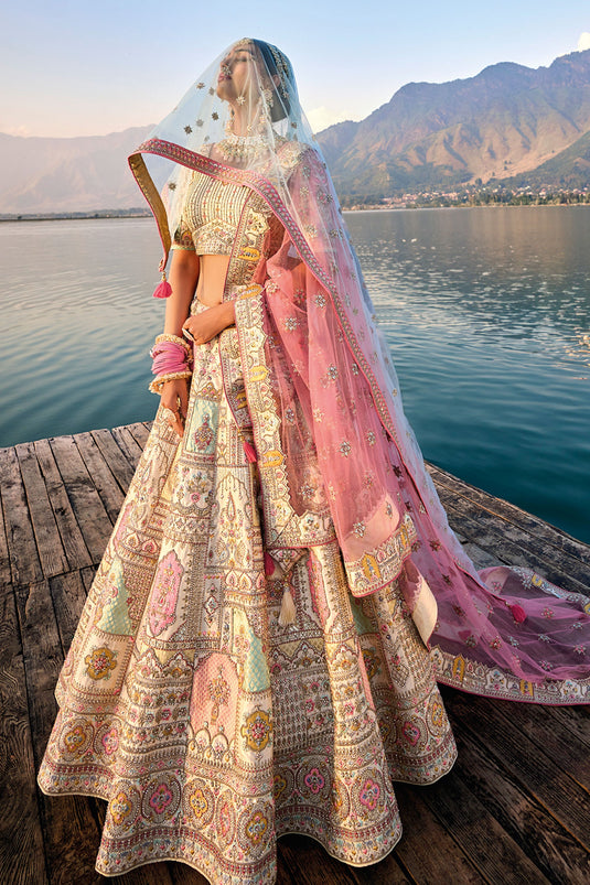 Regal Beige Silk Bridal Lehenga Choli With Embroidered Double Dupatta