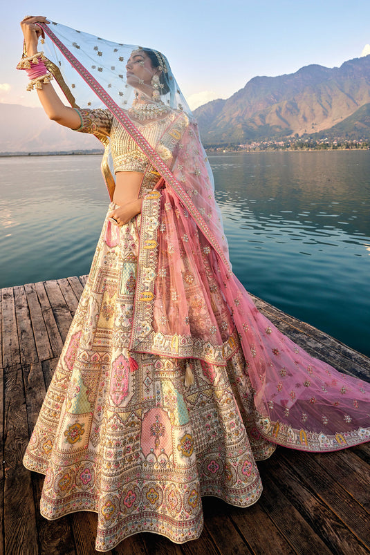 Regal Beige Silk Bridal Lehenga Choli With Embroidered Double Dupatta