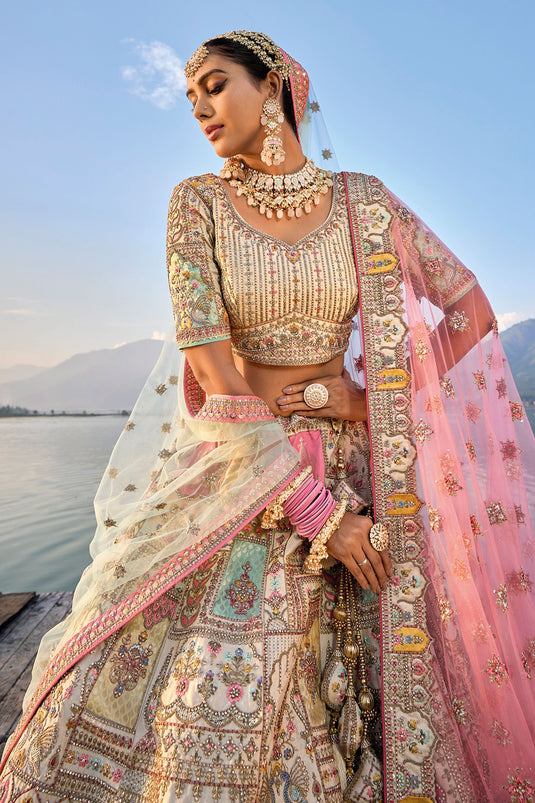 Regal Beige Silk Bridal Lehenga Choli With Embroidered Double Dupatta