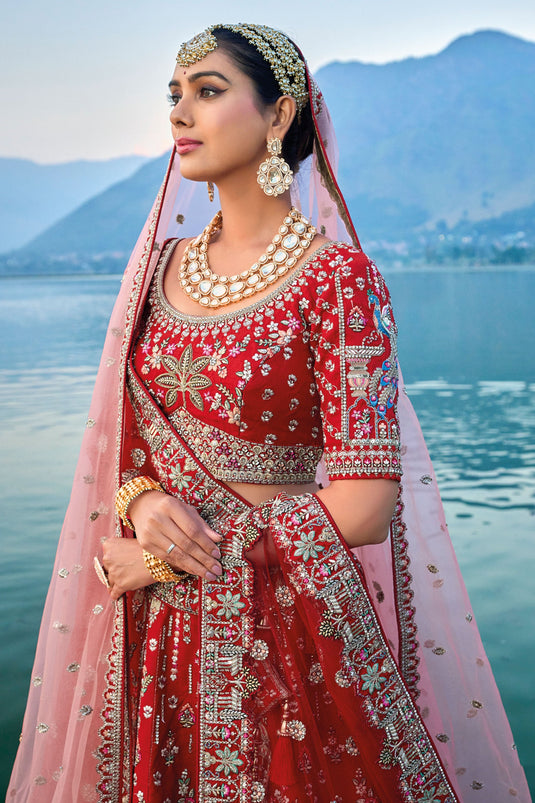 Mystic Red Pure Silk Embroidered Semi Stitched Lehenga Choli