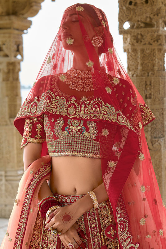 Blossom Red Silk Embroidered Lehenga Choli