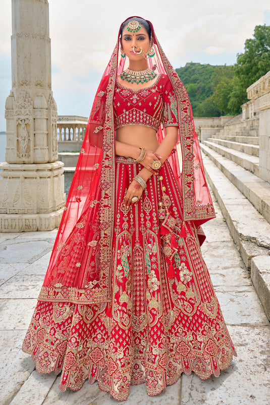 Ruby Red Pure Silk Heavy Embroidered Bridal Lehenga Choli With Double Dupatta