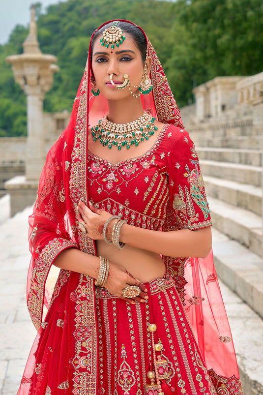 Ruby Red Pure Silk Heavy Embroidered Bridal Lehenga Choli With Double Dupatta