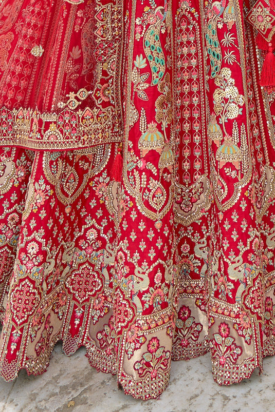 Ruby Red Pure Silk Heavy Embroidered Bridal Lehenga Choli With Double Dupatta