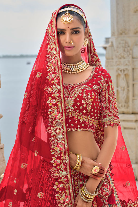 Red Pure Silk Heavy Embroidered Bridal Lehenga Choli With Double Dupatta