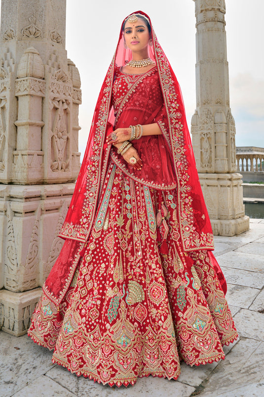 Red Pure Silk Heavy Embroidered Bridal Lehenga Choli With Double Dupatta