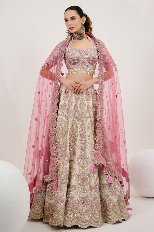 Blossom Beige Silk Embroidered Readymade Lehenga Choli