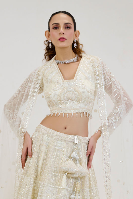 Emerald Off White Pure Net Bridal Readymade Lehenga Choli