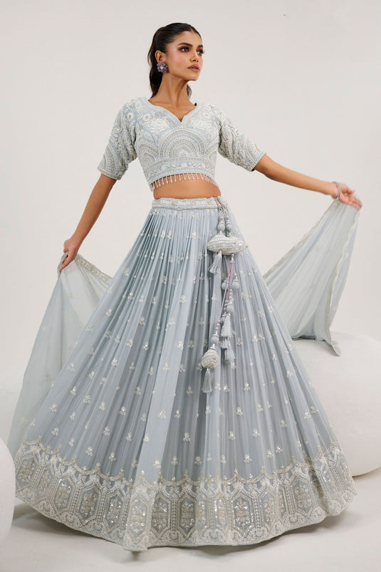 Champagne Grey Pure Georgette Heavy Embroidered Bridal Readymade Lehenga Choli