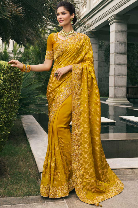 Mustard Color Tissue Silk Wedding Wear Beautiful Saree