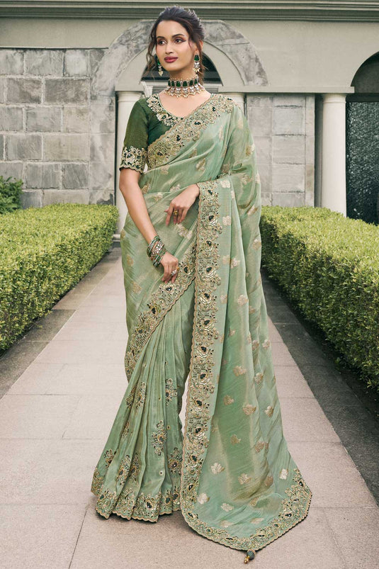 Tissue Silk Wedding Wear Luxurious Saree In Sea Green Color