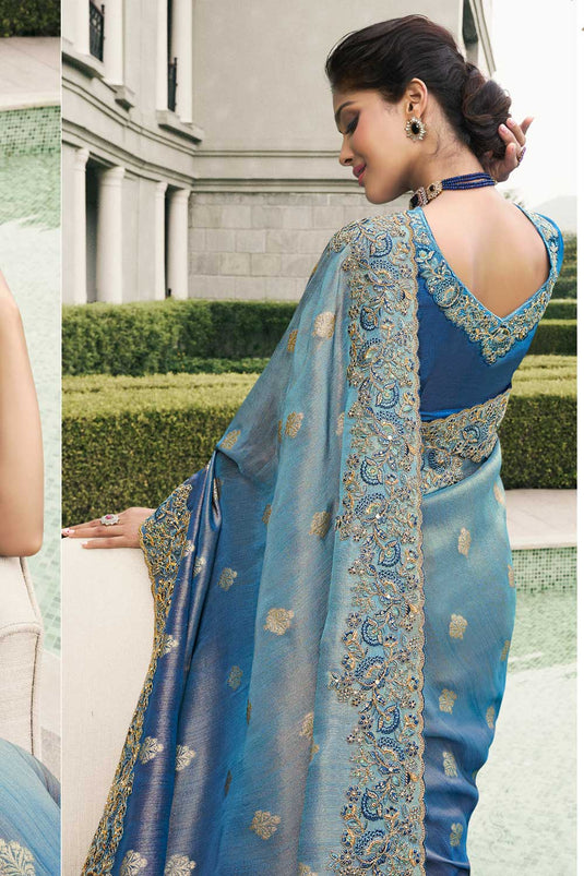 Blue Color Tissue Silk Wedding Wear Luminous Saree