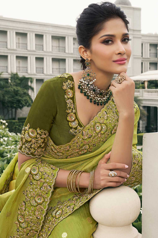 Wedding Wear Tissue Silk Green Color Supreme Saree