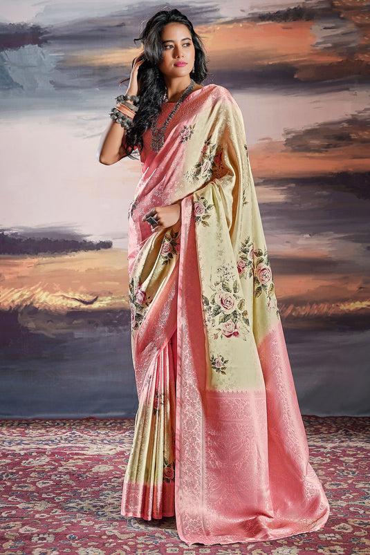 Satin Silk Festive Wear Blossom Beige Color Flower Print Saree