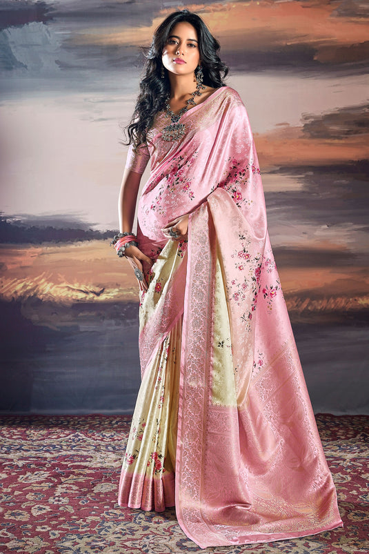 Satin Silk Festive Wear Flower Print Saree In Pink Color