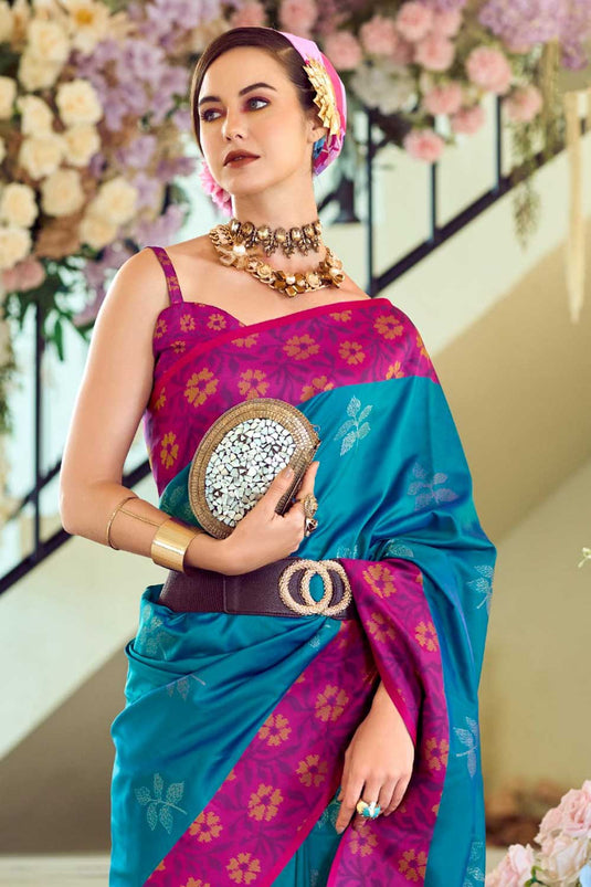 Cyan Color Gorgeous Banarsi Style Silk Saree