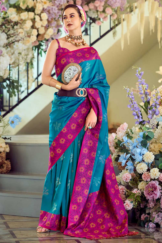 Cyan Color Gorgeous Banarsi Style Silk Saree