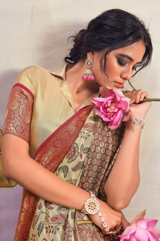 Festive Wear Elegance Printed Saree In Beige Color