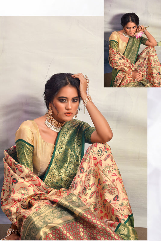 Beige Printed Art Silk Function Saree With Blouse