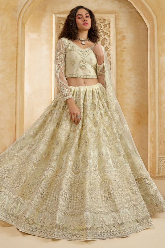 Lustrous Off White Heavy Embroidery Net Designer Lehenga Choli