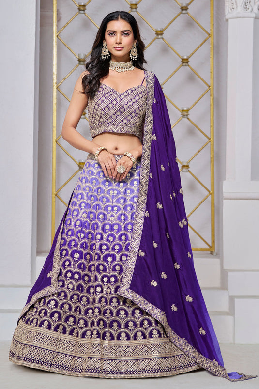 Elegance Dark Purple Chinon Sangeet Wear Lehenga Choli