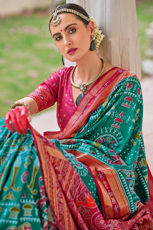 Attractive Art Silk Printed Saree In Green Color