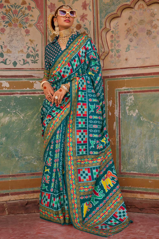 Teal Color Brilliant Art Silk Printed Saree