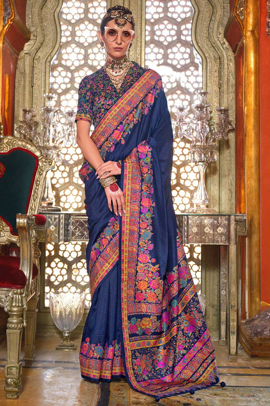 Printed Work On Art Silk Navy Blue Color Gorgeous Saree