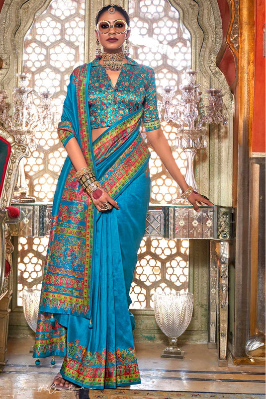 Graceful Art Silk Cyan Color Saree With Printed Work