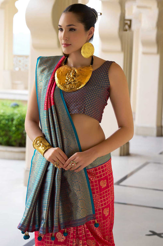 Engaging Rani Color Banarasi Silk Saree With Weaving Work