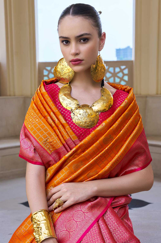 Orange Color Banarasi Silk Saree With Lovely Weaving Work