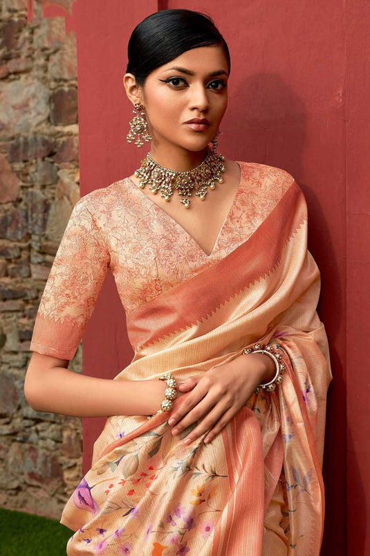 Art Silk Fabric Peach Color Patterned Floral Printed Saree